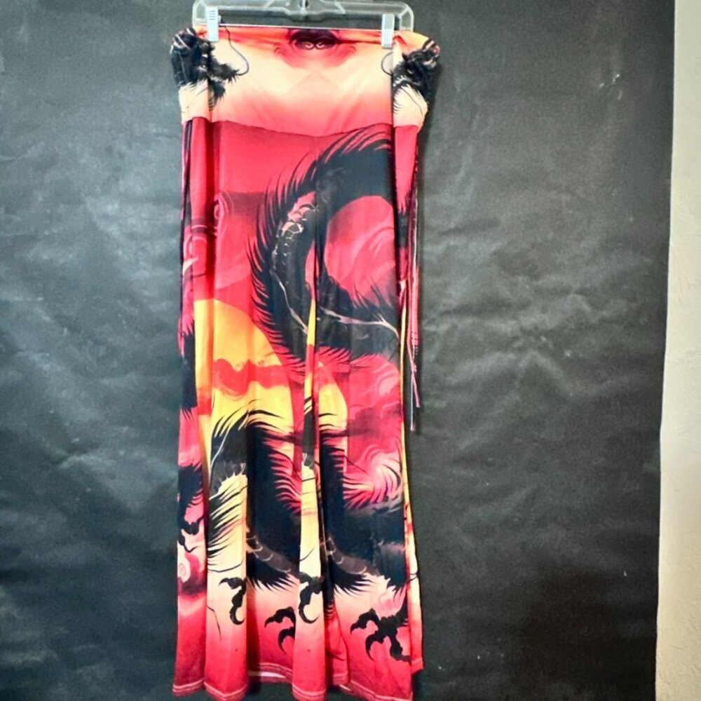 Red Sumi-E Dragon Wide Leg Size XL Watercolor Tie Dye Festival Tall Girl - Picture 4 of 8